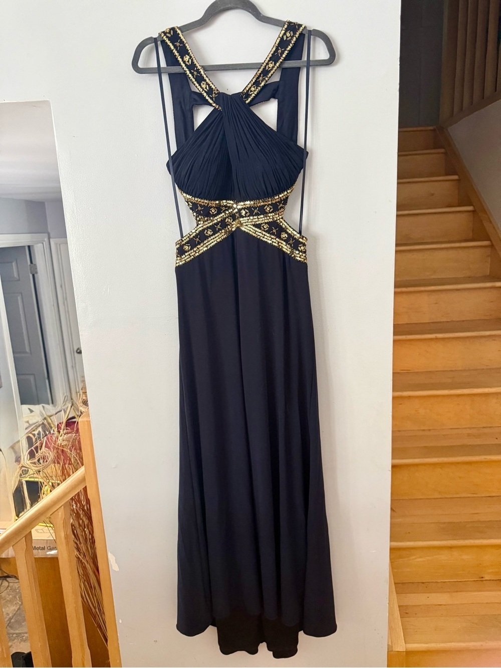 Betsy & Adam Black Gold Halter Gown Embroidered Chiffon Formal Prom